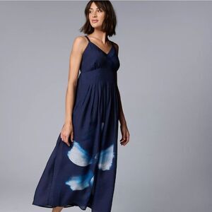 Women Simply Vera Vera Wang Navy Blue Sleeveless V Neck Pleated Maxi Dress sz L
